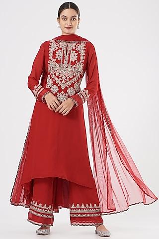 cadmium red embroidered asymmetrical kurta set