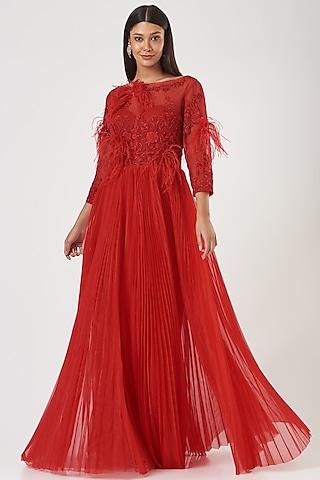 cadmium red embroidered pleated dress