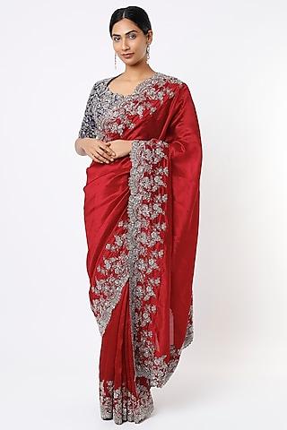 cadmium red embroidered saree set