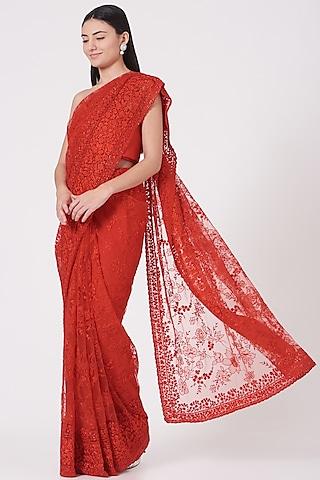 cadmium red embroidered saree set