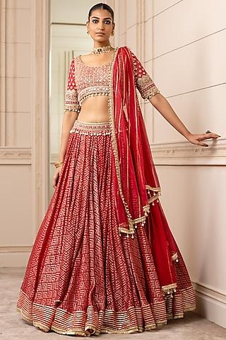 cadmium red pearl embroidered kalidar lehenga set