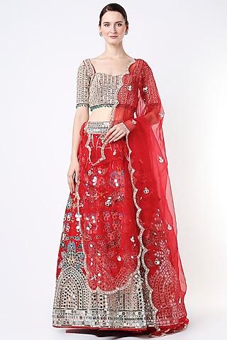 cadmium red printed & embroidered lehenga set