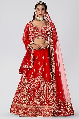 cadmium red raw silk & net lehenga set