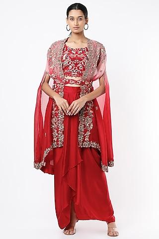 cadmium red shaded embroidered cape set