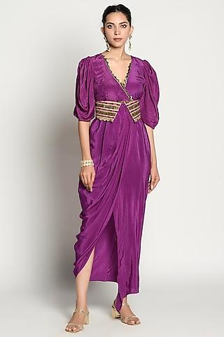 cadmium violet embroidered draped dress