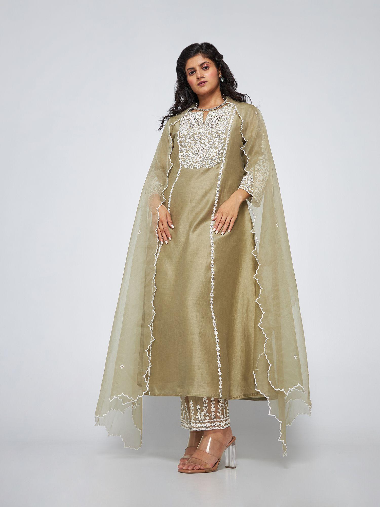 caily mud chanderi embroidered kurta with pants and organza dupatta (set of 3)