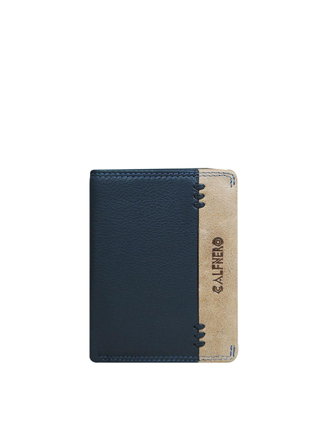 calfnero men blue & beige textured leather two fold wallet