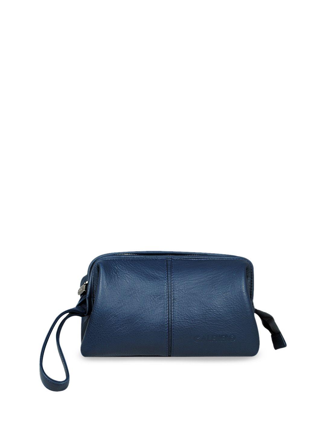 calfnero navy blue solid genuine leather toiletry bag