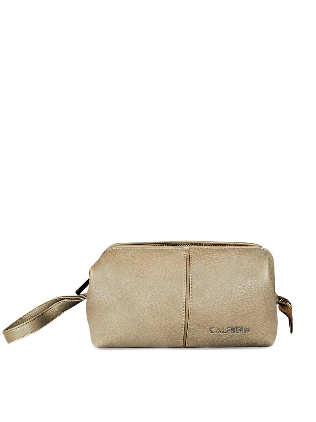 calfnero taupe-cream colored solid leather toiletry bag