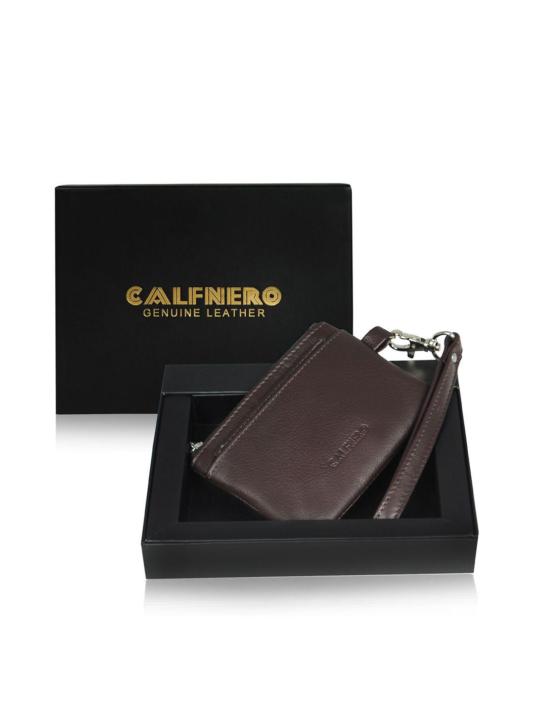 calfnero unisex brown & gold-toned leather zip around wallet