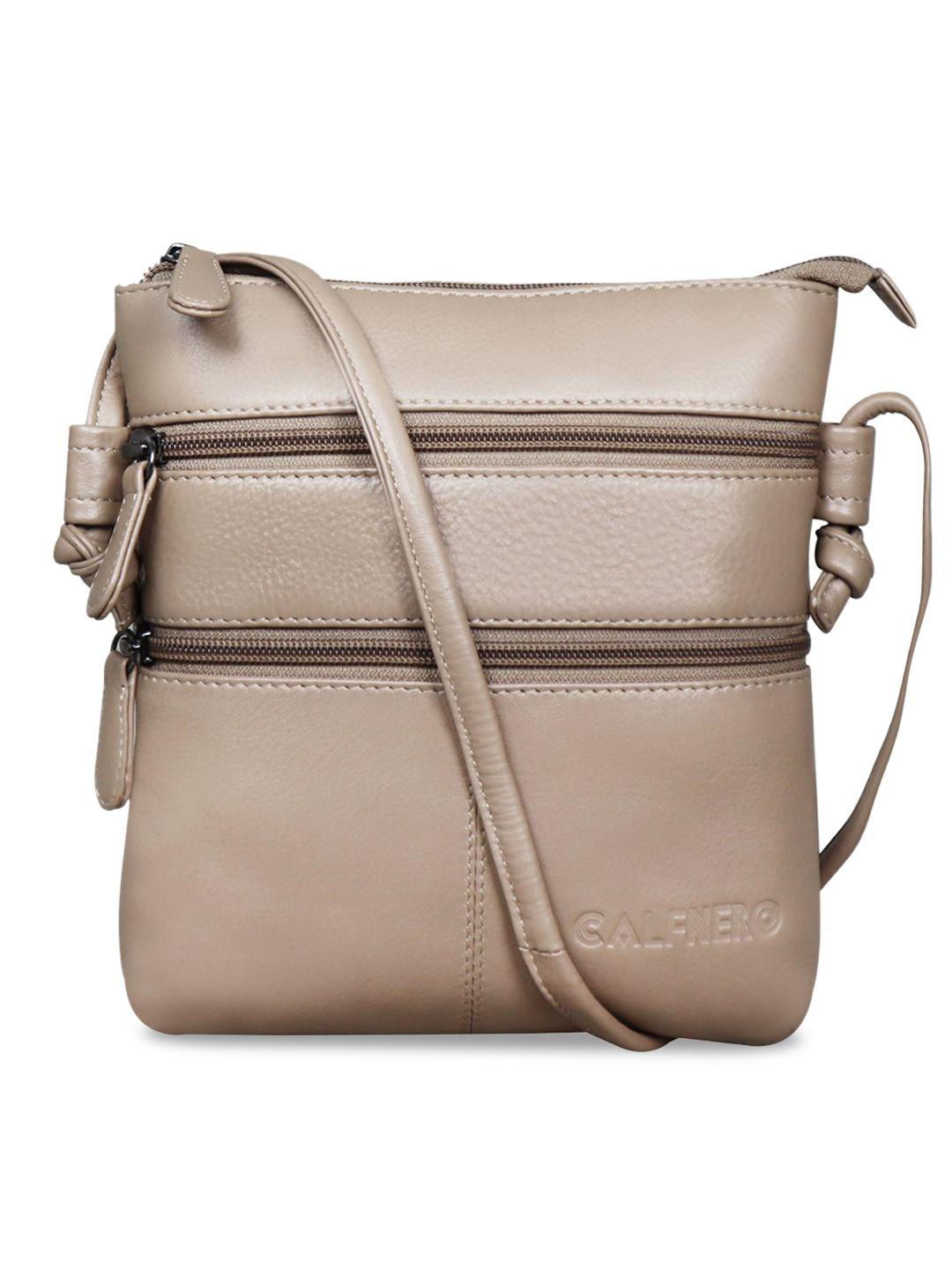 calfnero women beige solid leather sling bag
