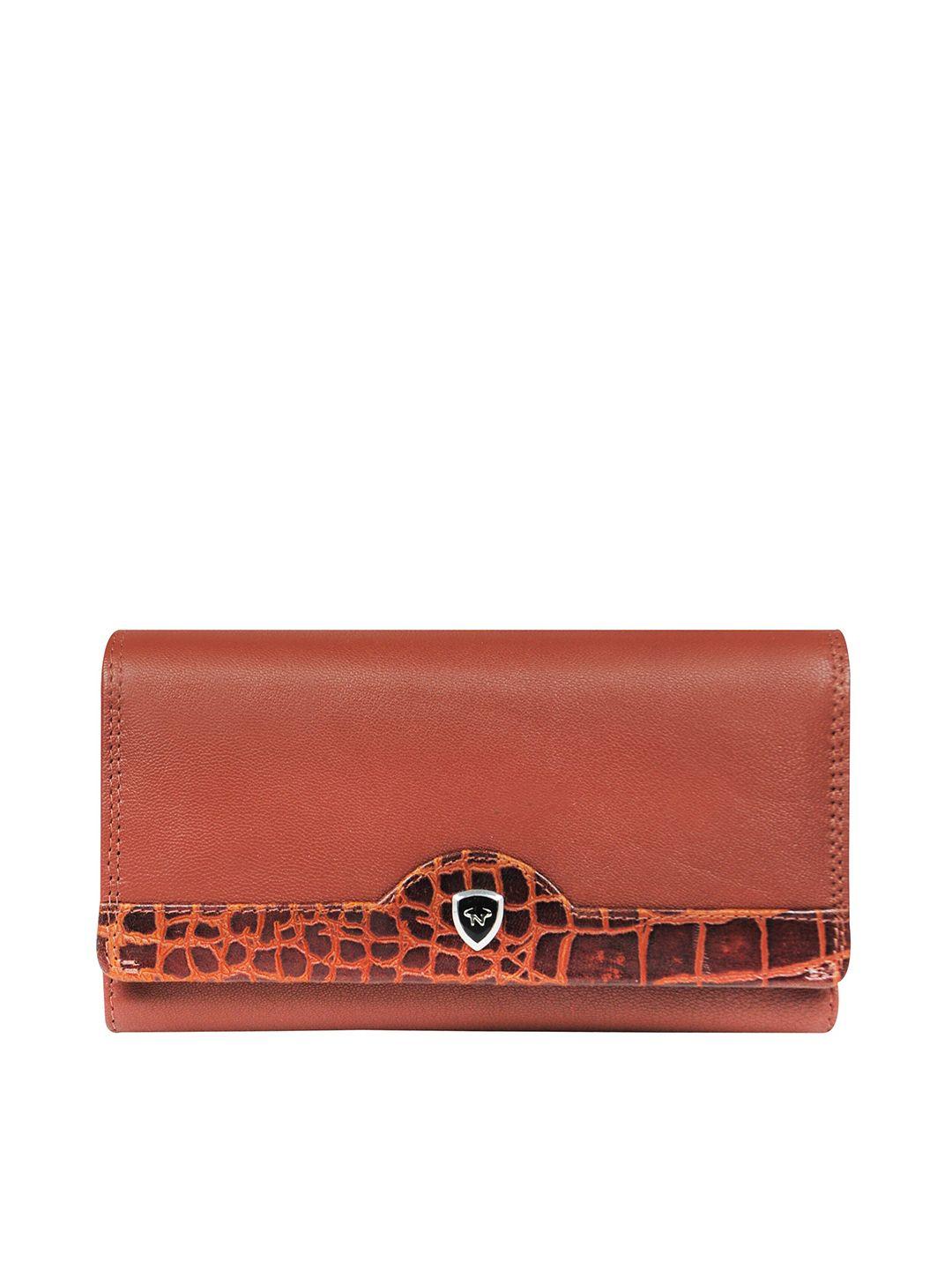 calfnero women brown geometric printed leather three fold wallet