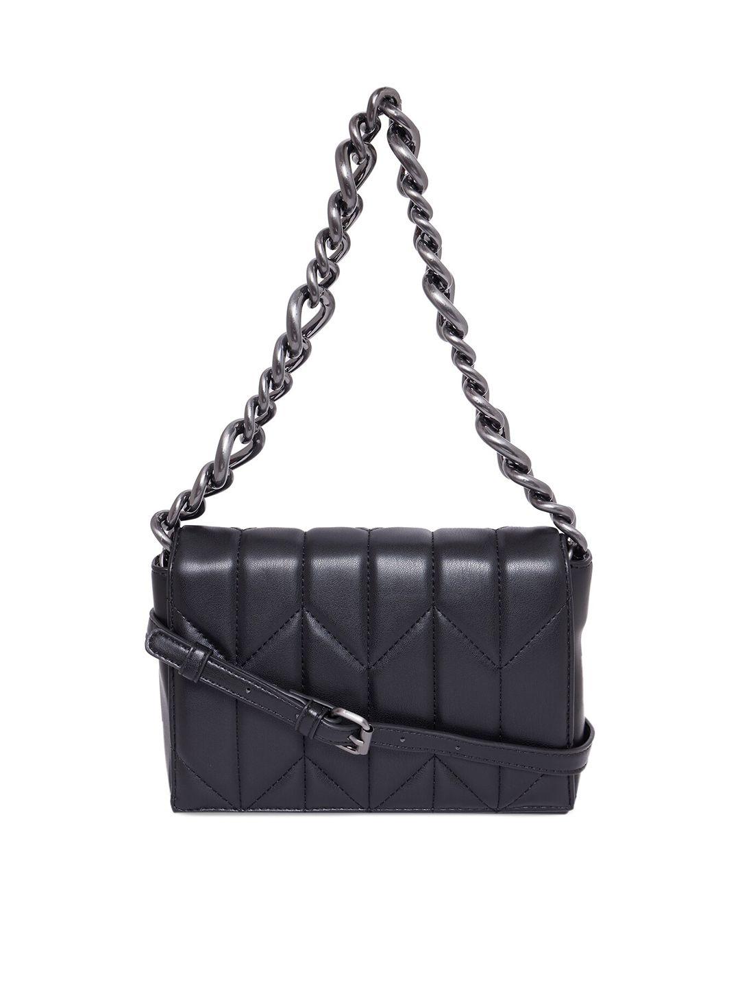 call it spring black textured pu structured quilted sling bag