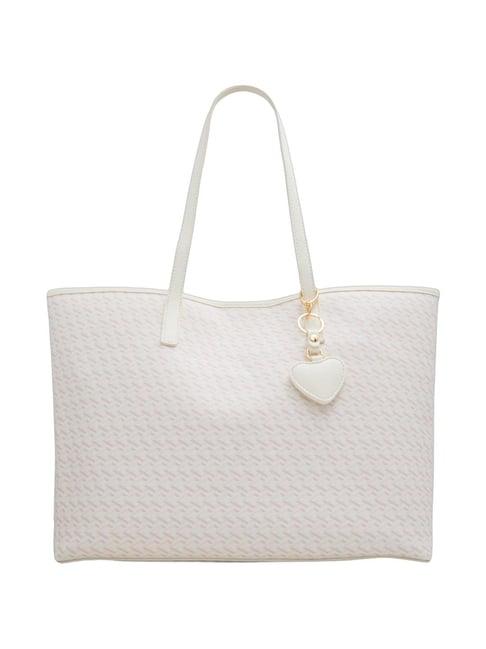 call it spring white textured tote handbag with pouch