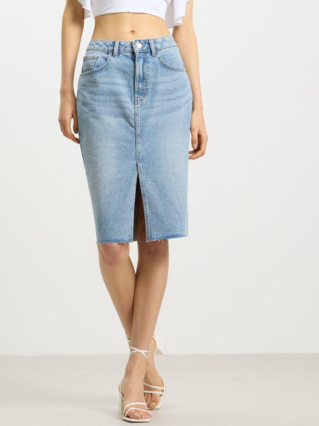 calliope pure cotton front slit denim skirt