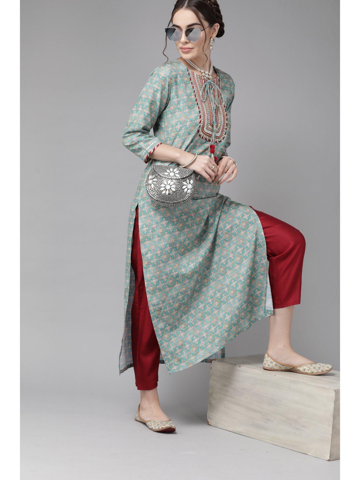 calm blue and beige ethnic motifs print kurta