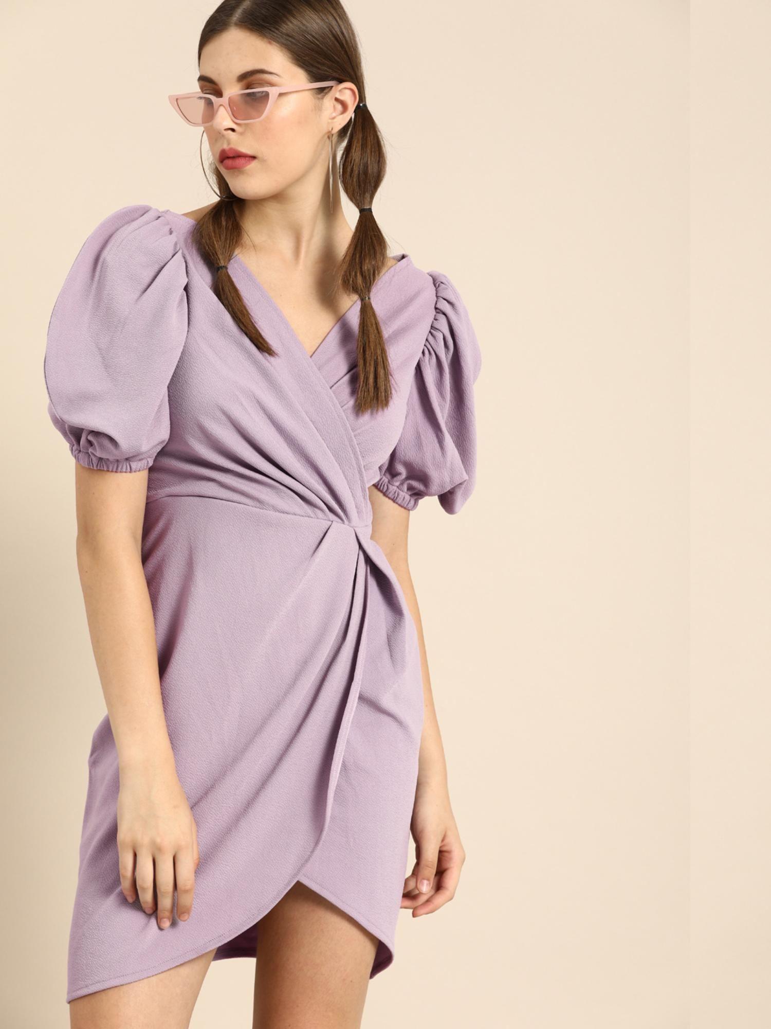 calm purple puff sleeves wrap dress