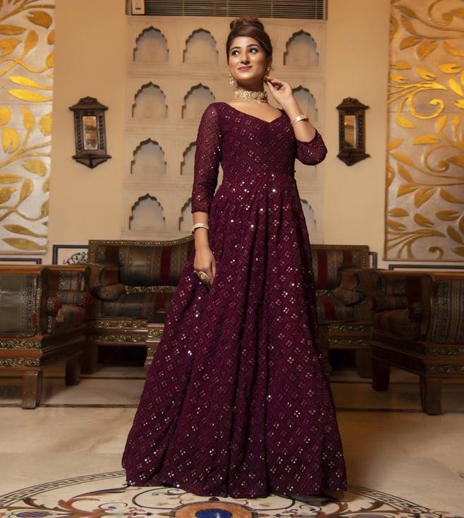 calmna wine embellished georgette full length anarkali gown with pant
