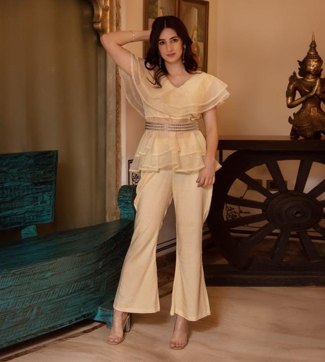 calmna adda beige organza top & pant set with embellished belt