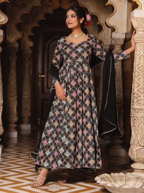 calmna black geomatric print anarkali suit set