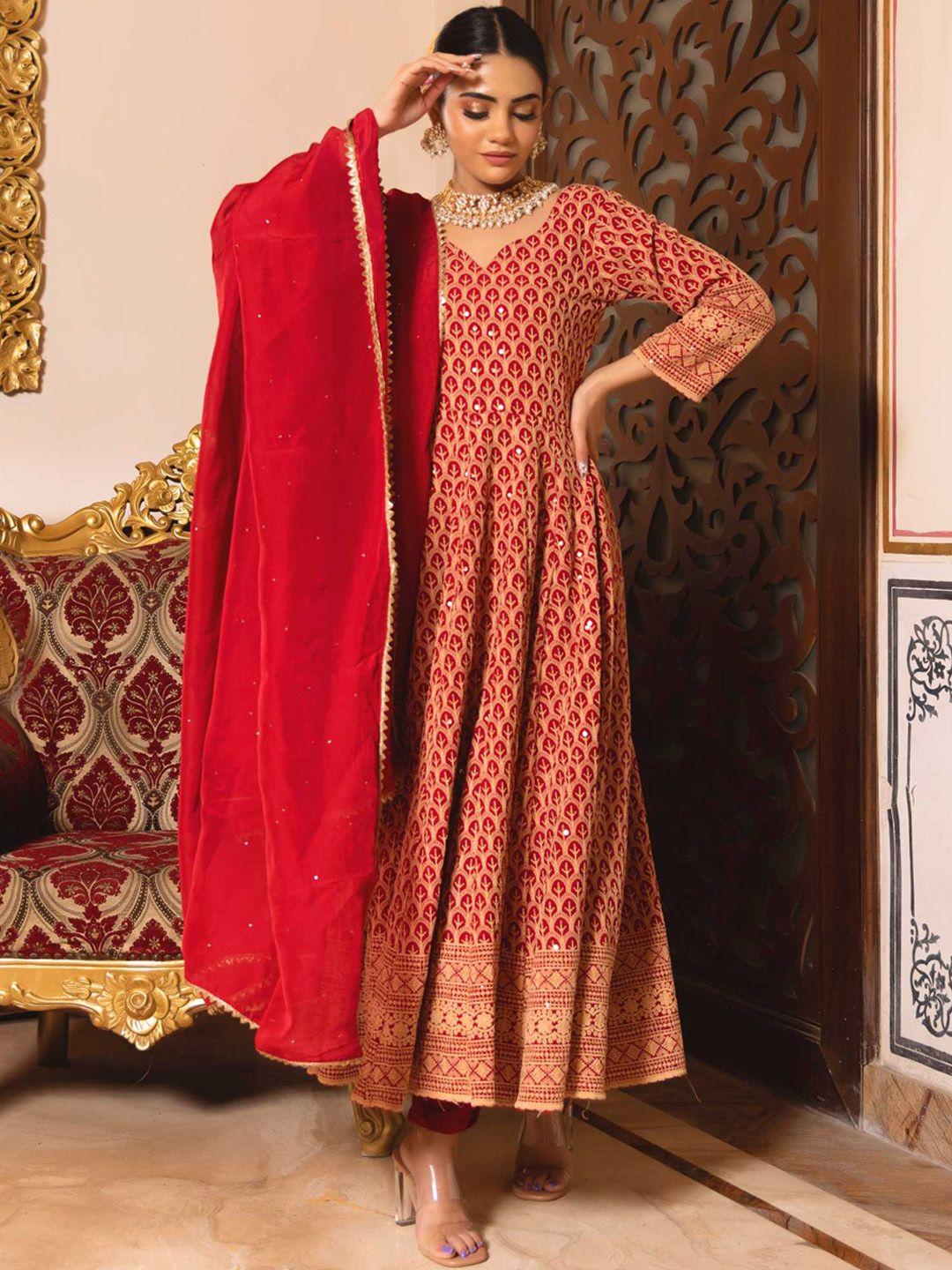 calmna ethnic motifs embroidered panelled sequinned kurta with trousers & with dupatta