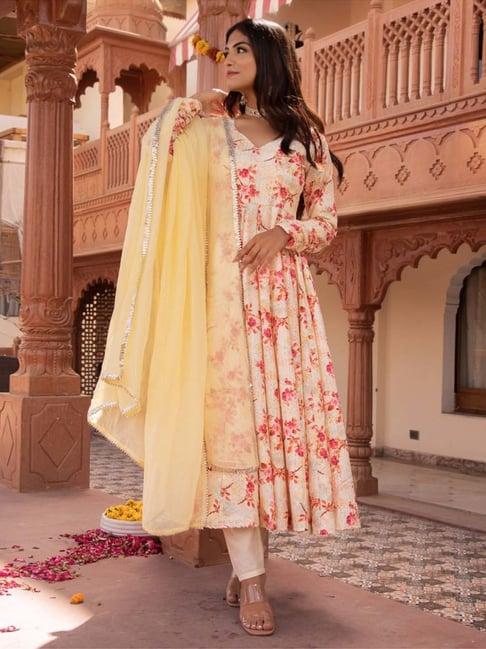 calmna fairy yellow red blossom anarkali suit set