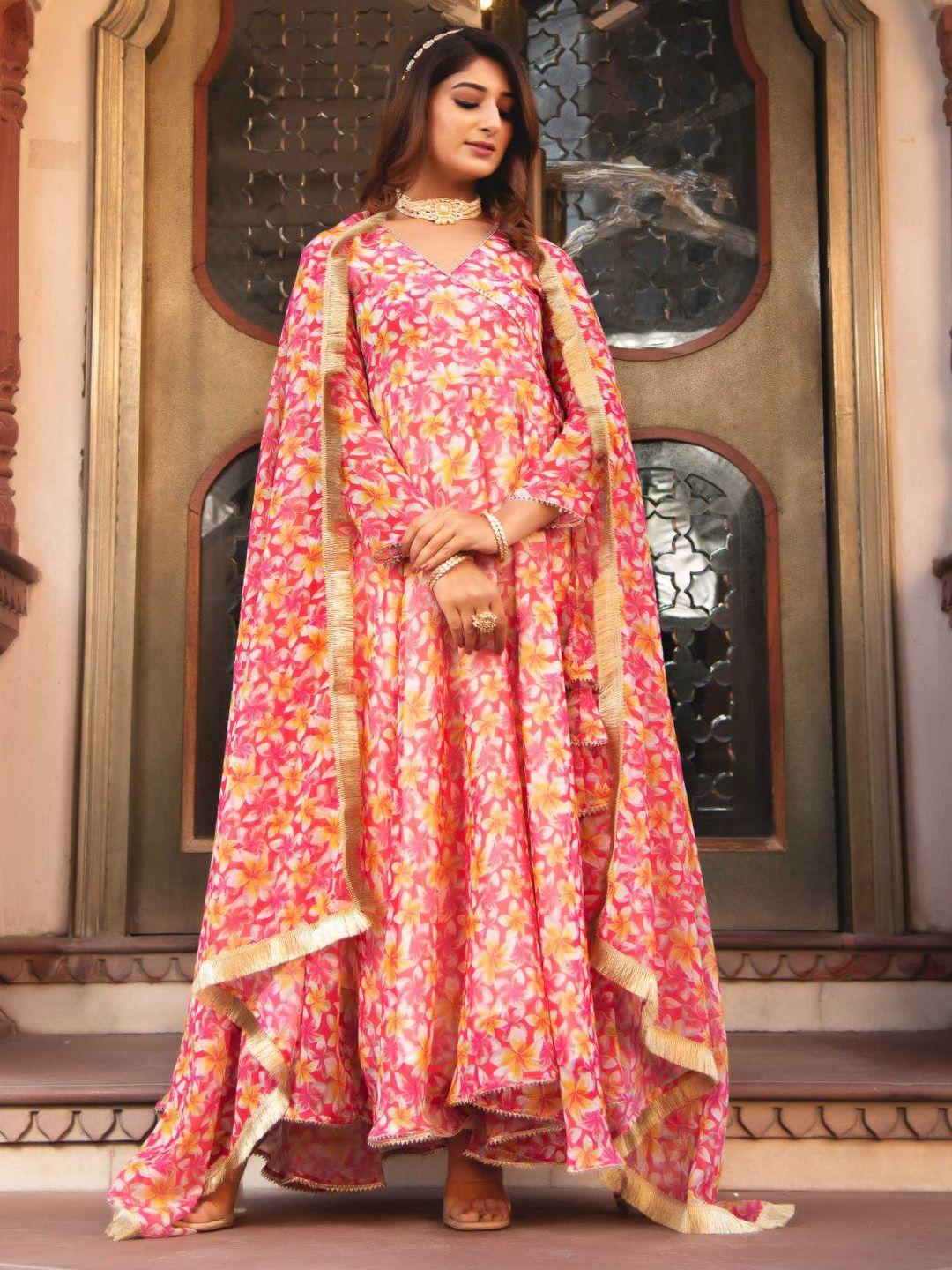 calmna floral printed v neck angrakha gotta patti kurta with trousers & dupatta