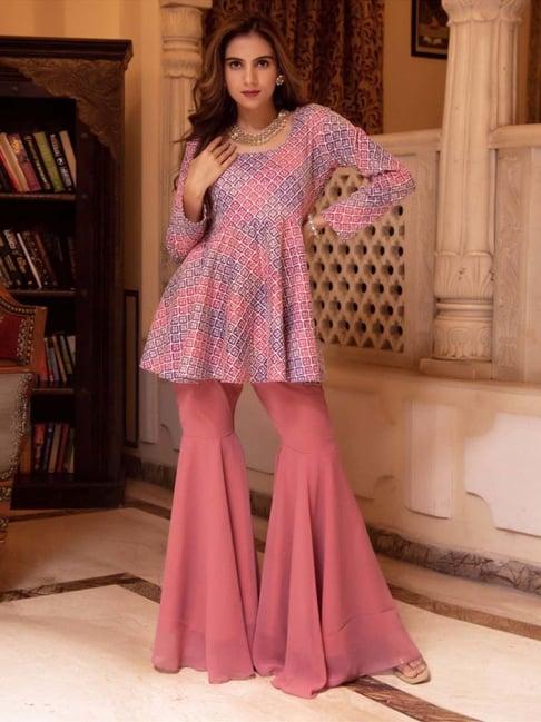 calmna lilac and pink embroided georgette kuta with sharara