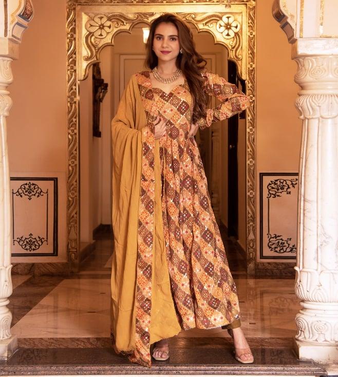 calmna naaz sequin mustard anarkali suit set