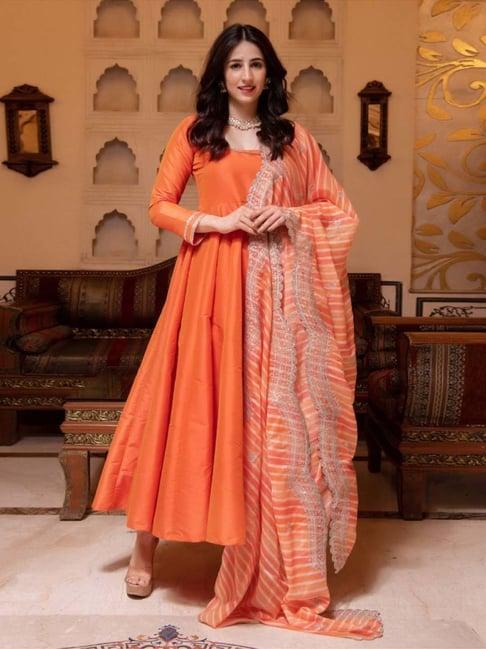 calmna orange silk anarkali suit set