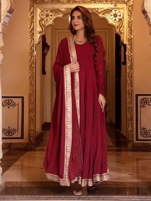 calmna serene maroon gotapatti georgette anarkali suit set