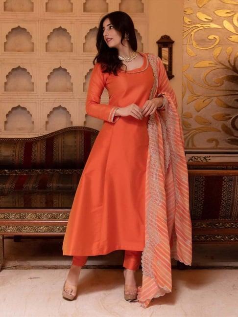 calmna taffeta silk orange kurta set