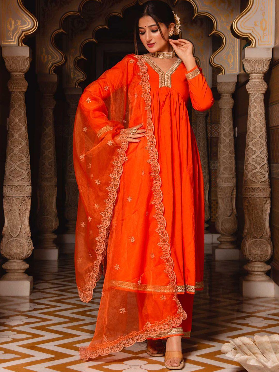 calmna v neck gotta patti anarkali kurta with trousers & dupatta