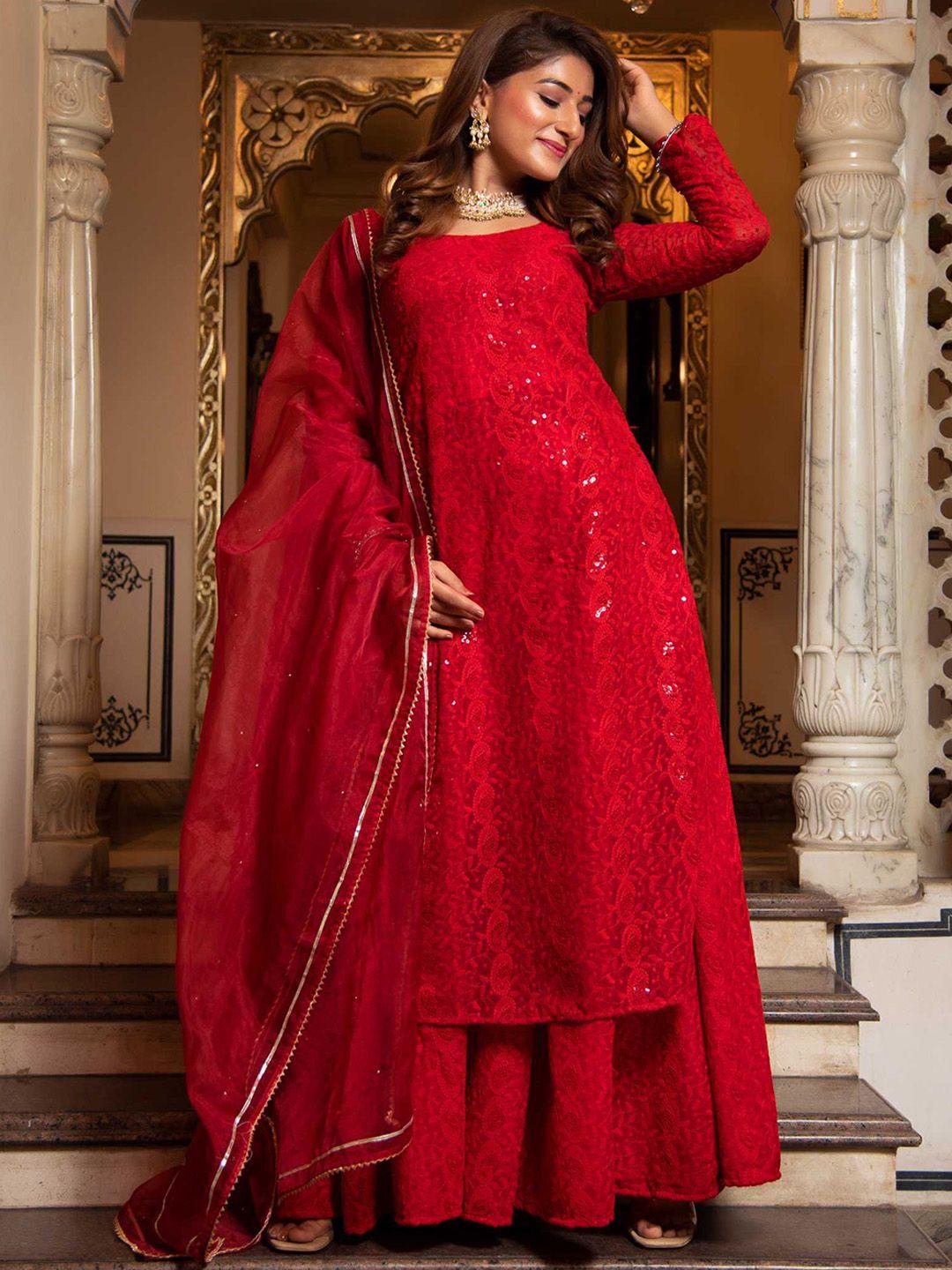 calmna women embroidered long sleeve sequinned kurta with palazzos & dupatta