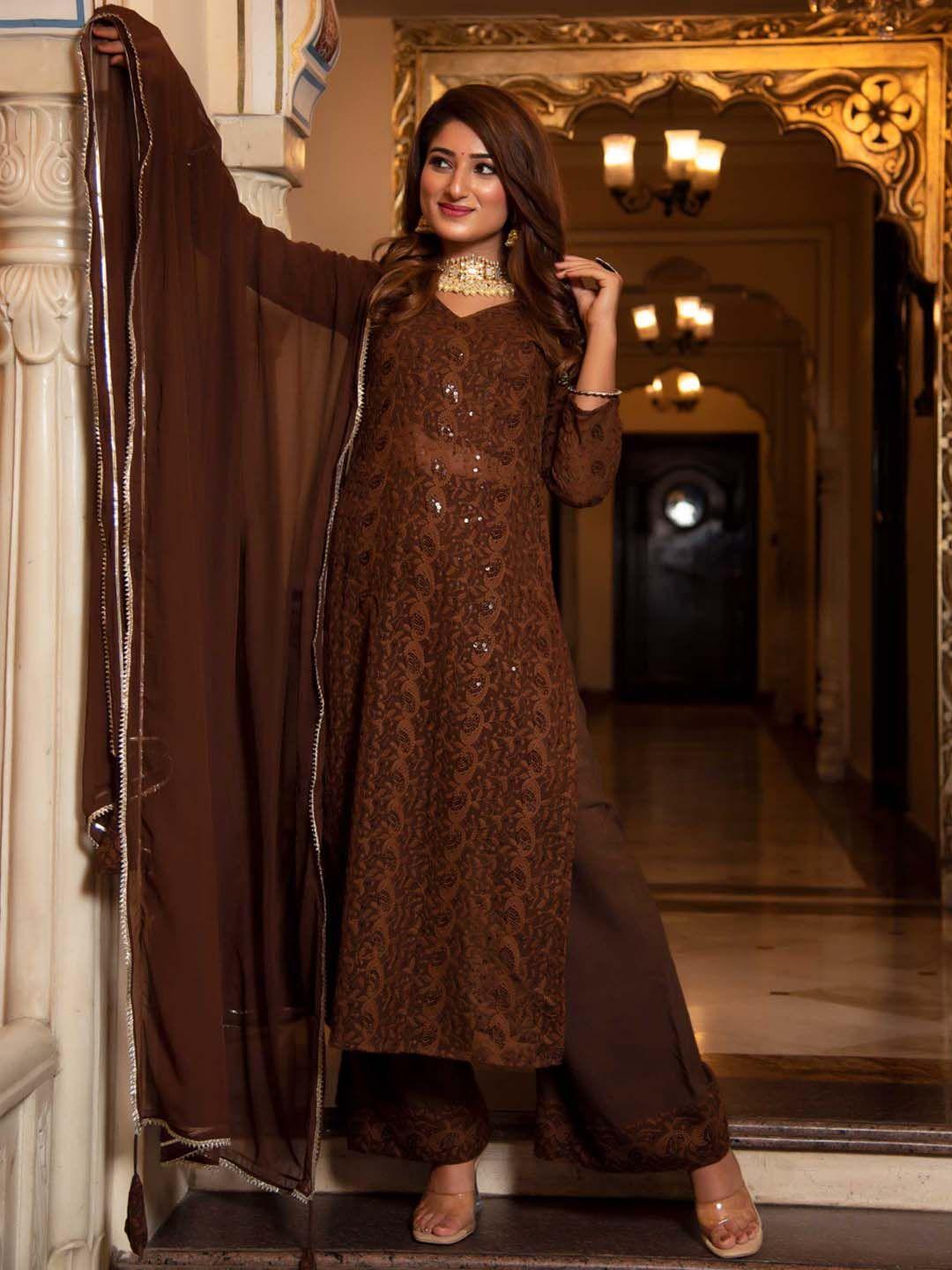 calmna women ethnic motifs embroidered chikankari kurta with trousers & with dupatta