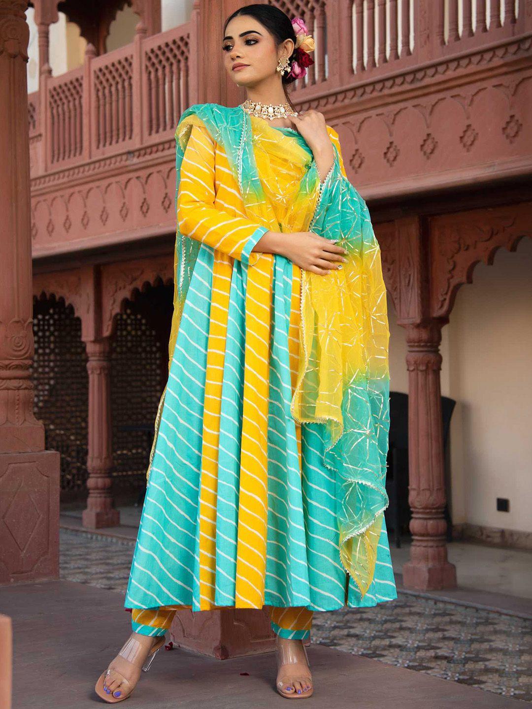 calmna women leheriya dyed panelled gotta patti kurta with trousers & with dupatta