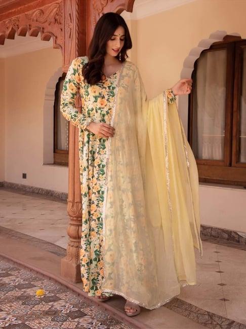 calmna yellow and green rayon embroided anarkali suit set