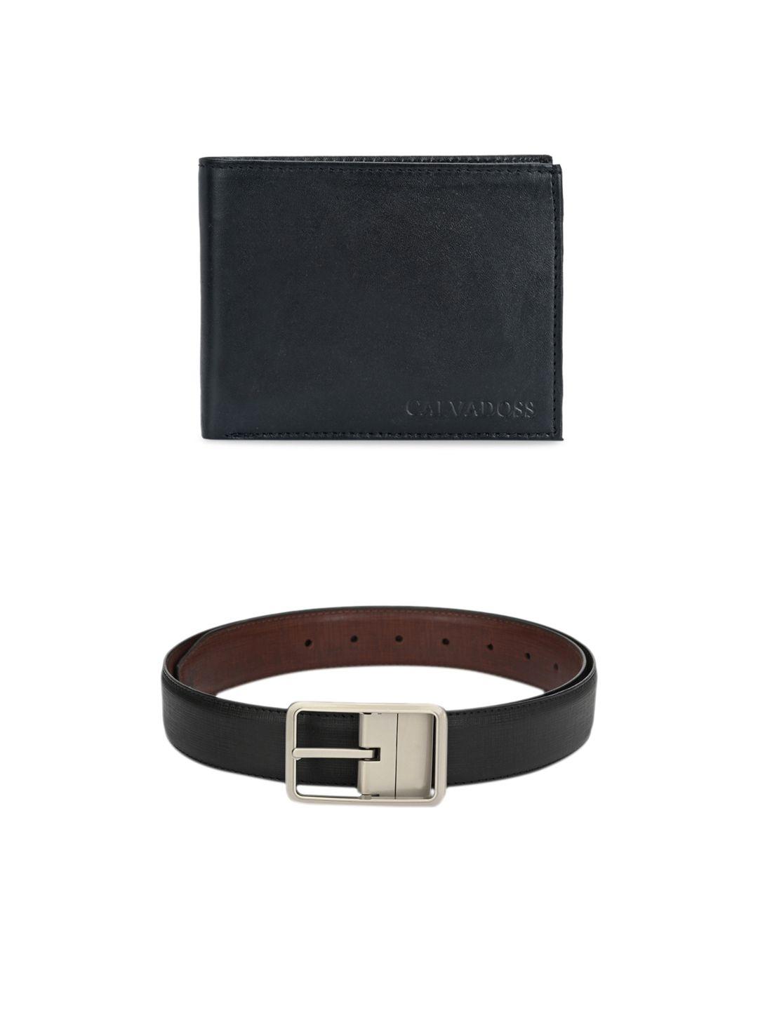 calvadoss men black & brown premium belt and wallet accessory gift set