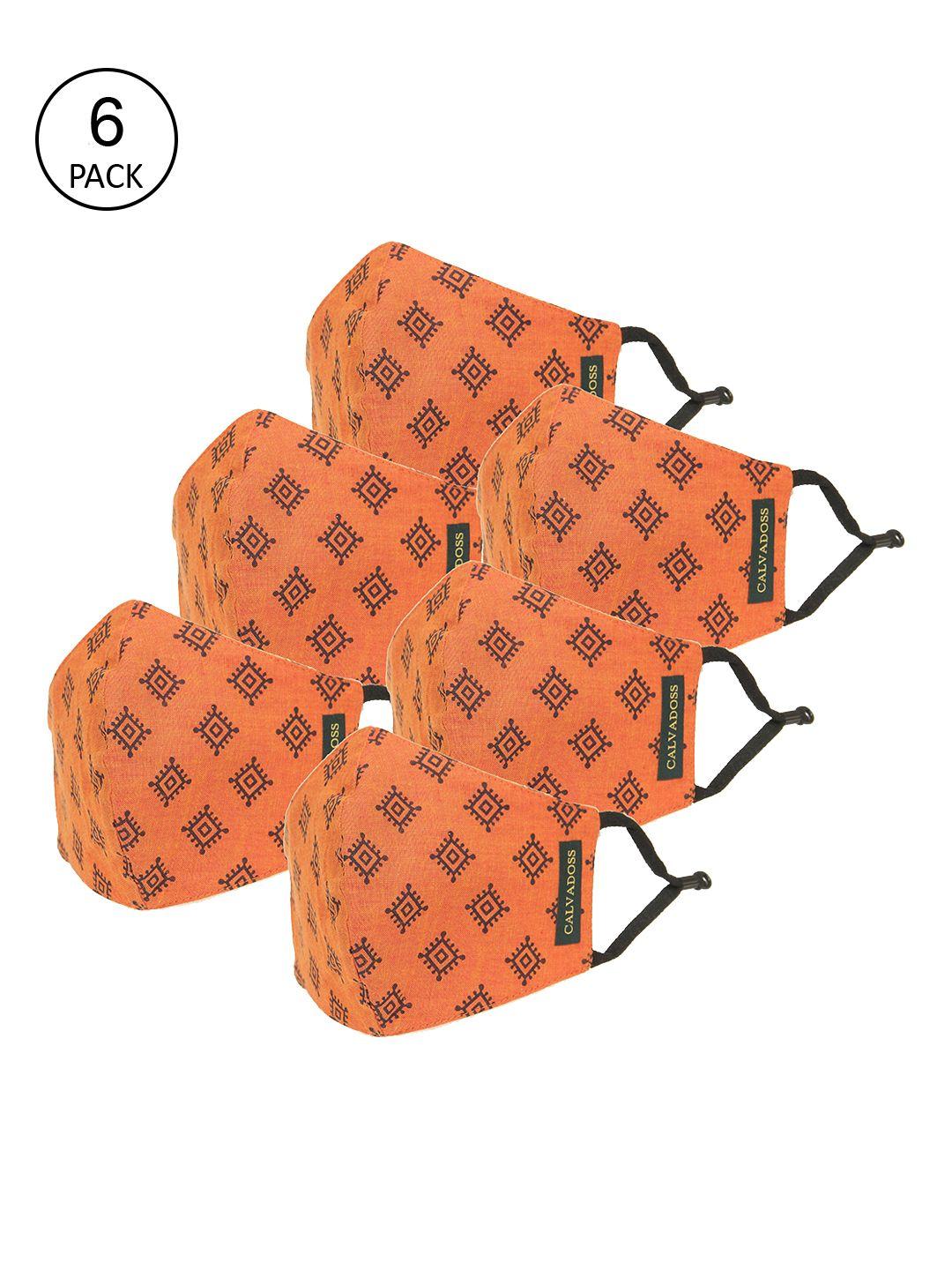 calvadoss men pack of 6 orange & black printed 3-ply cotton reusable cloth masks