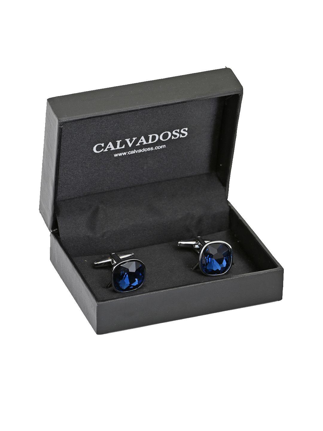 calvadoss navy blue & silver-plated square cufflinks