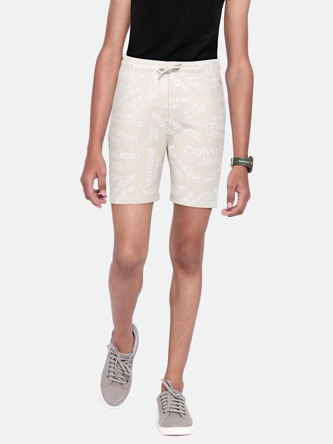 calvin klein jeans boys beige typography printed pure cotton shorts