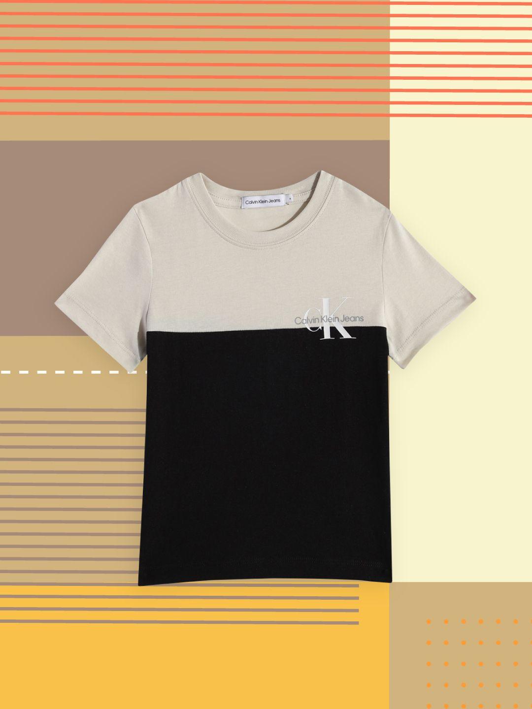 calvin klein jeans boys black & beige colourblocked pure cotton t-shirt