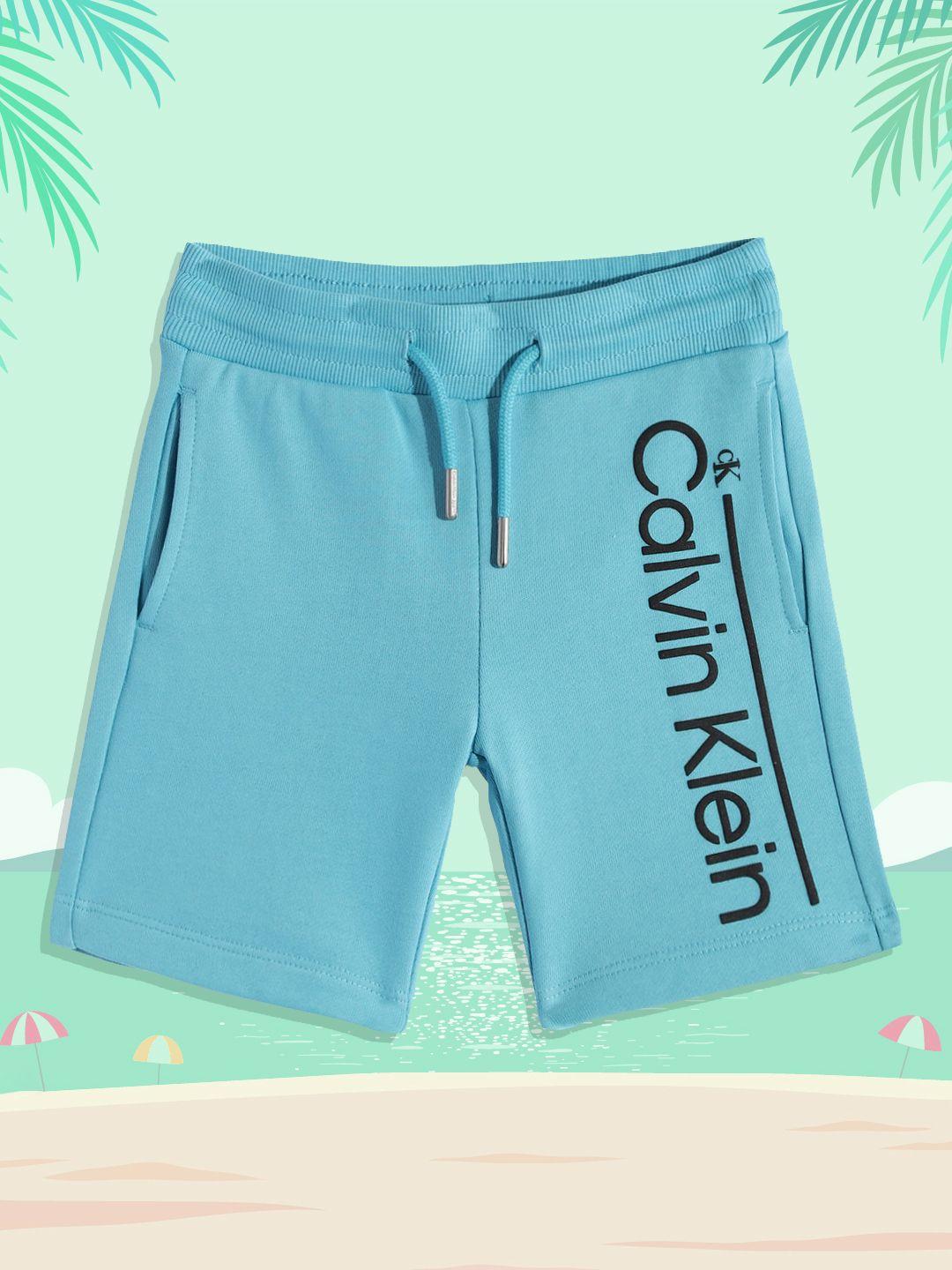 calvin klein jeans boys turquoise blue typography printed pure cotton shorts
