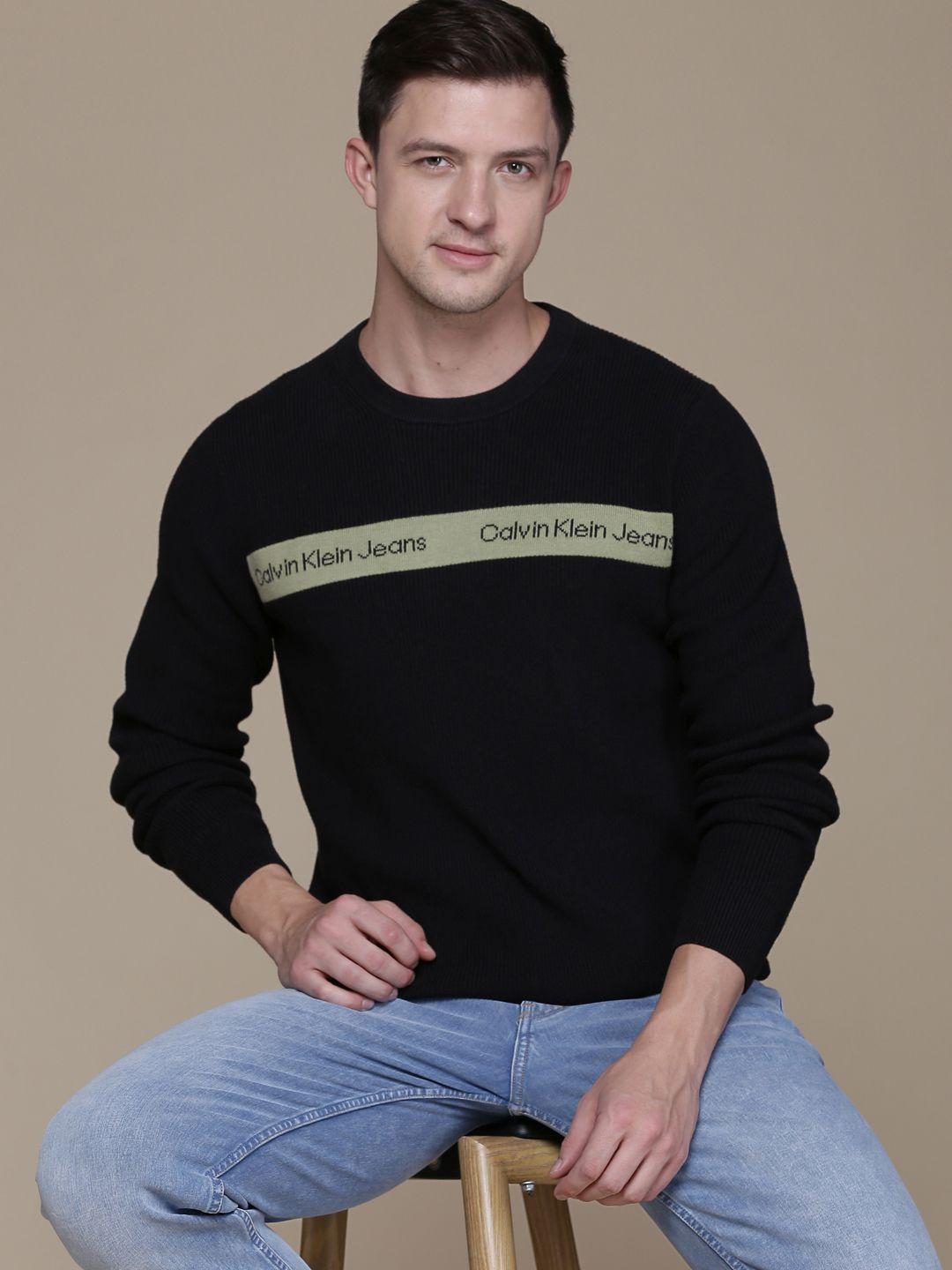 calvin klein jeans men black & green brand logo printed pullover