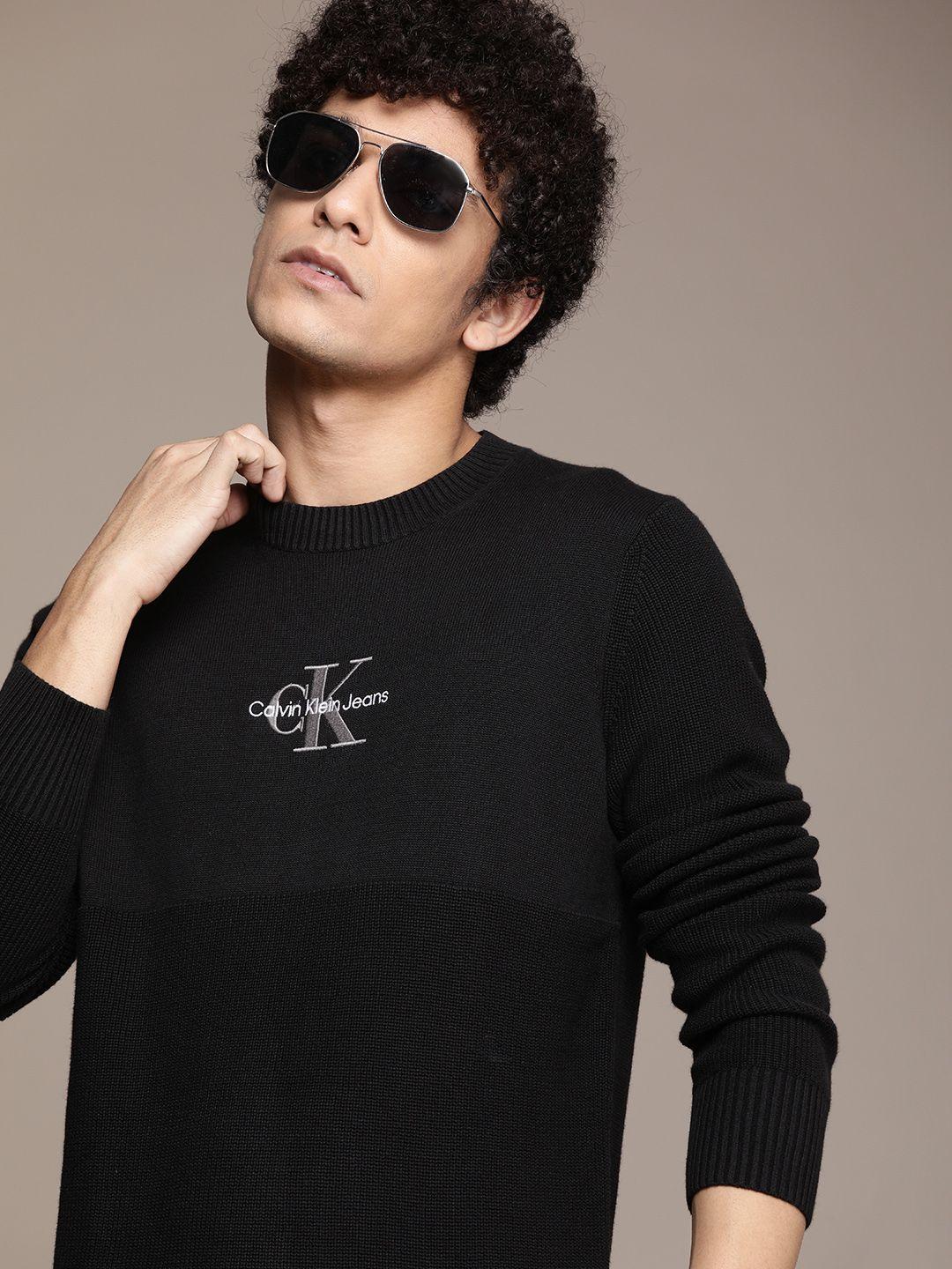 calvin klein jeans men black printed pure cotton pullover