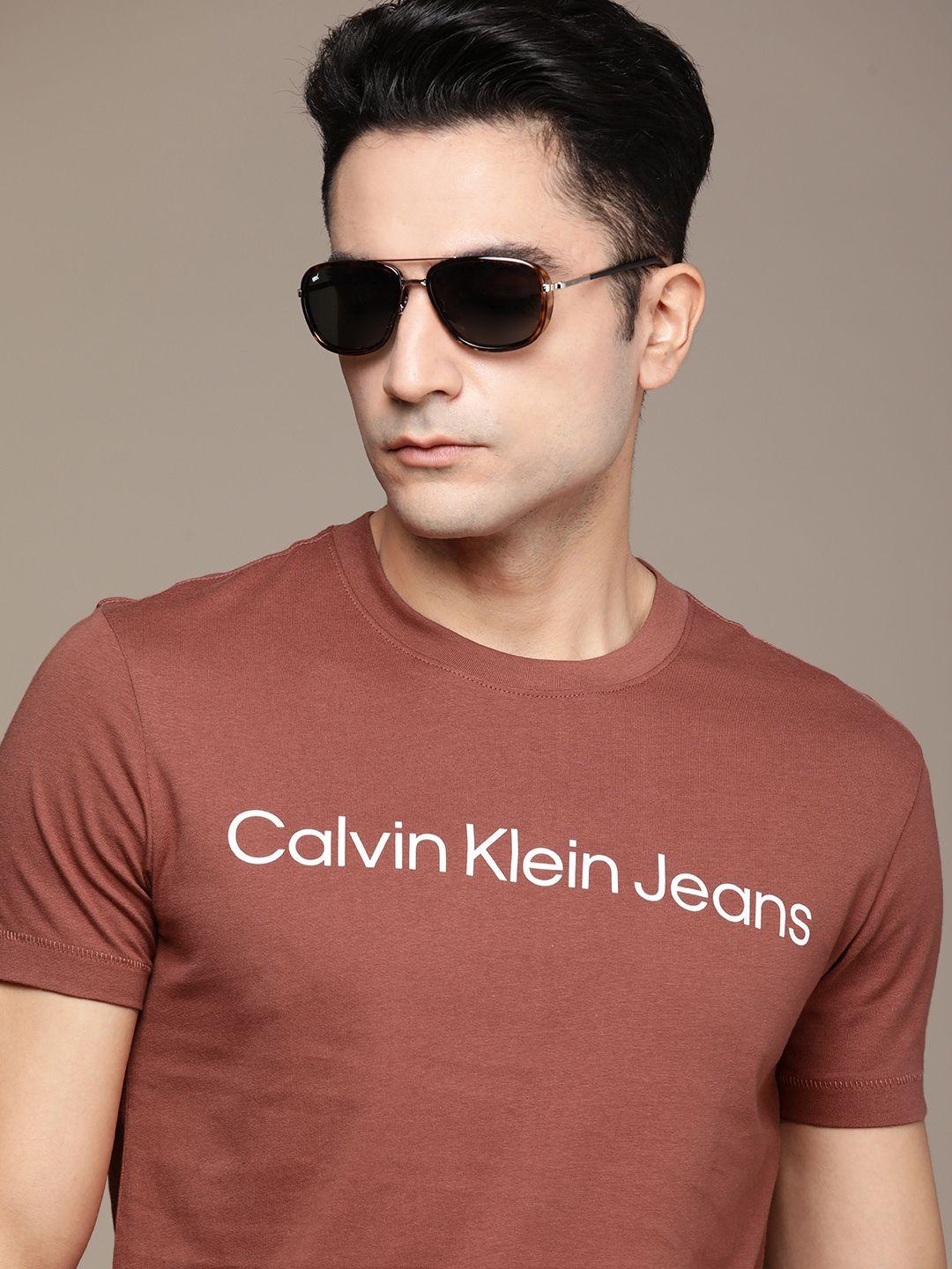 calvin klein jeans men brown & white brand logo printed pure cotton compression t-shirt