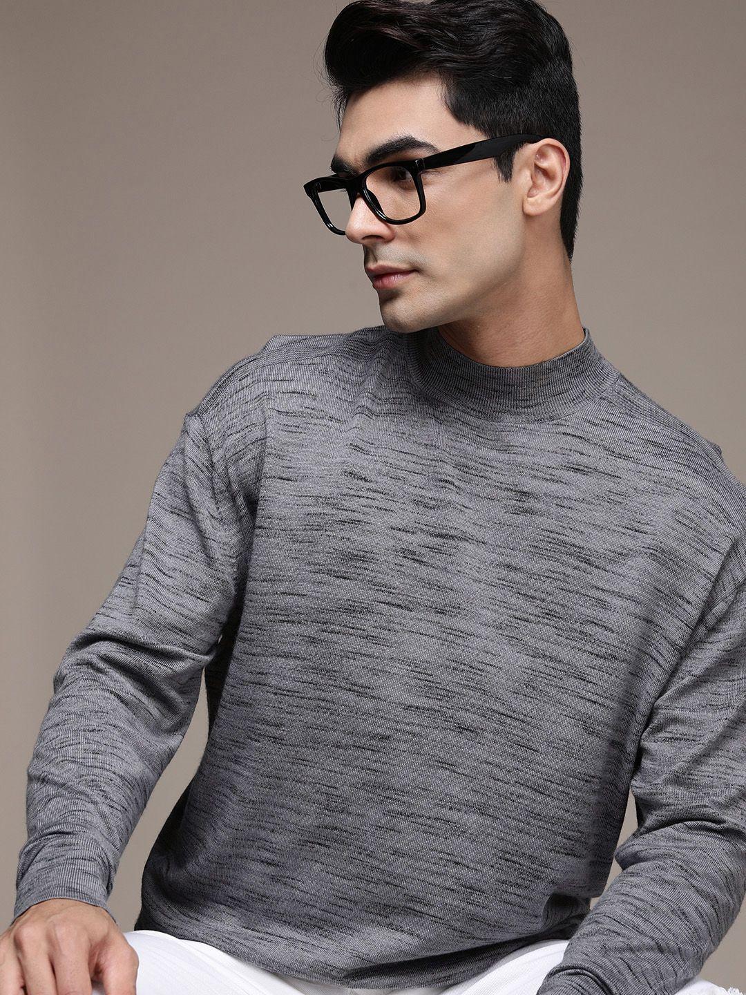 calvin klein jeans men grey self design speckled superior wool space dye sweater