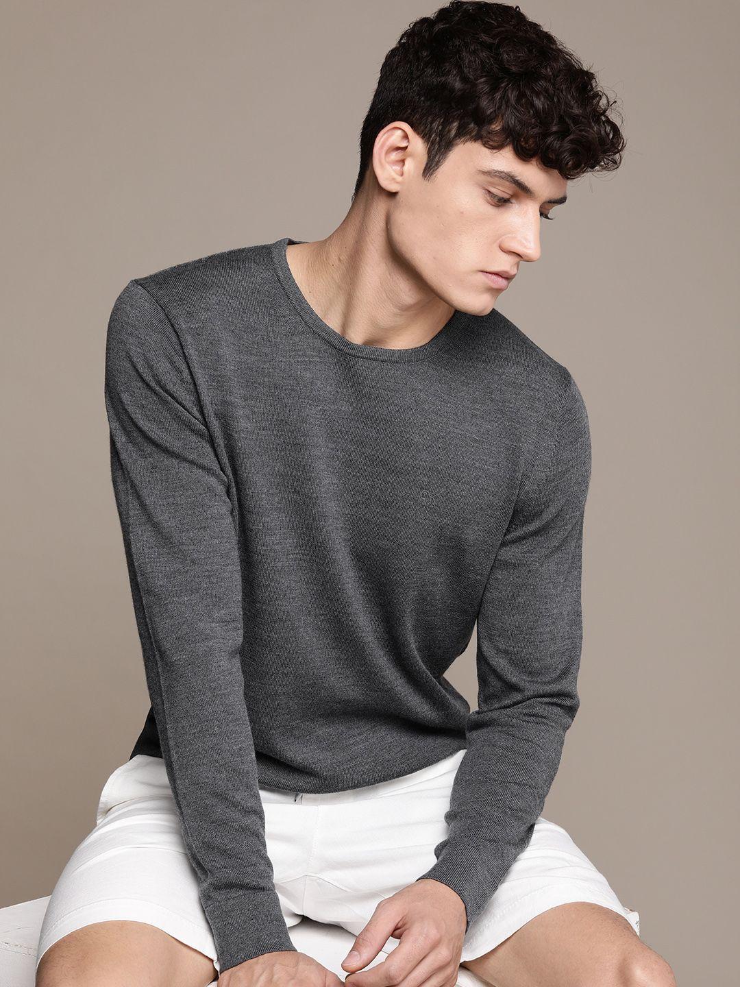 calvin klein jeans men grey solid crew neck pullover sweater