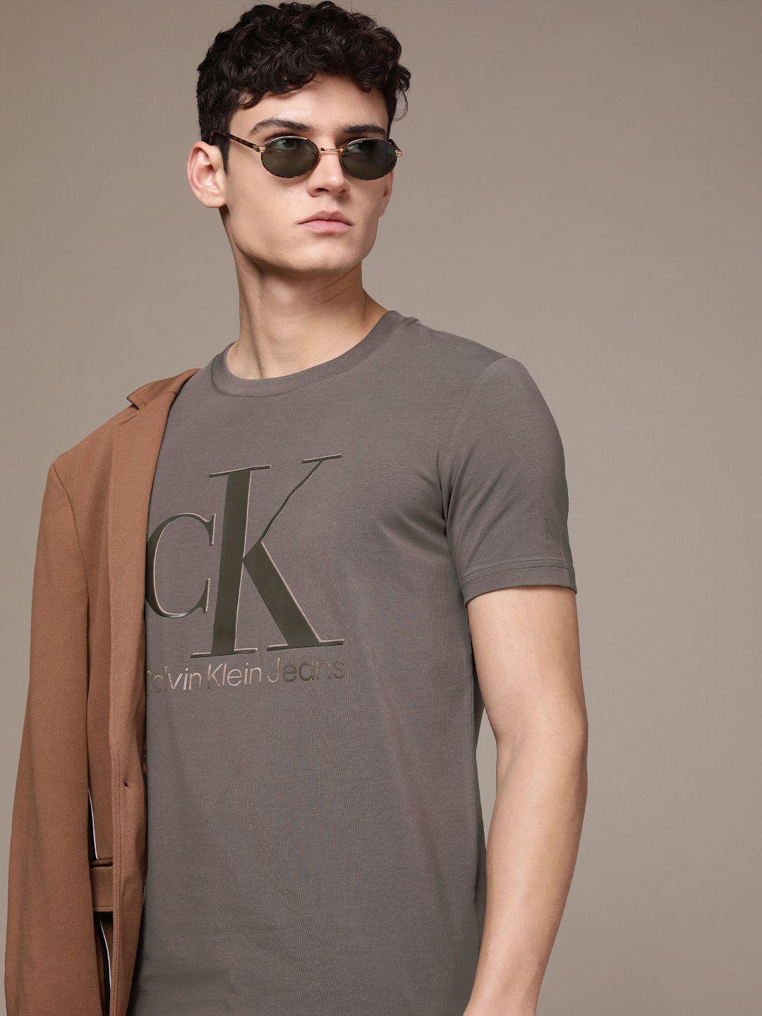calvin klein jeans men mocha brown brand logo print round neck t-shirt