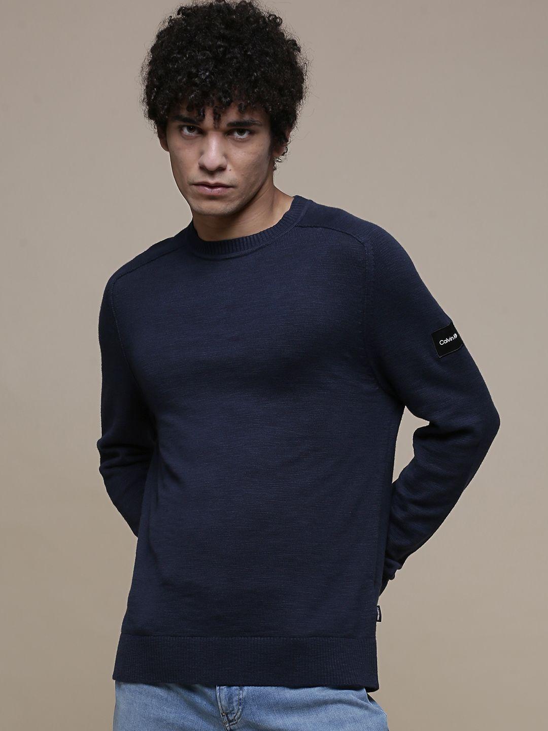calvin klein jeans men navy blue slub textured pullover sweater
